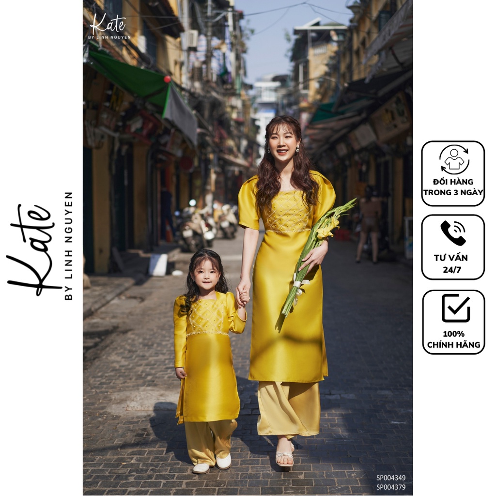 Áo dài gấm vàng tay xếp li bồng lưới đính hạt 4349 thời trang thiết kế KATE By Linh Nguyen