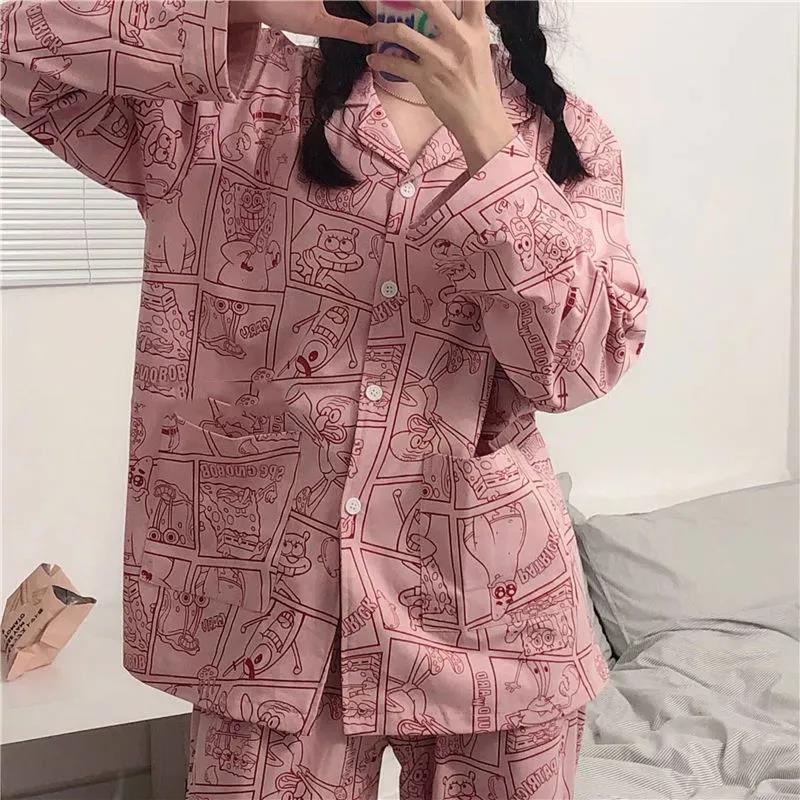 Bộ đồ ngủ tay dài thêu họa tiết hoạt hình phong cách Nhật Bản thời trang thu đông cho nữ | BigBuy360 - bigbuy360.vn