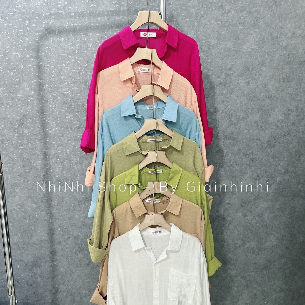 Áo sơ mi kiểu 1 túi dài tay dáng rộng, Áo sơ mi nữ đũi tơ nhăn mát SM8761 - NhiNhi Shop