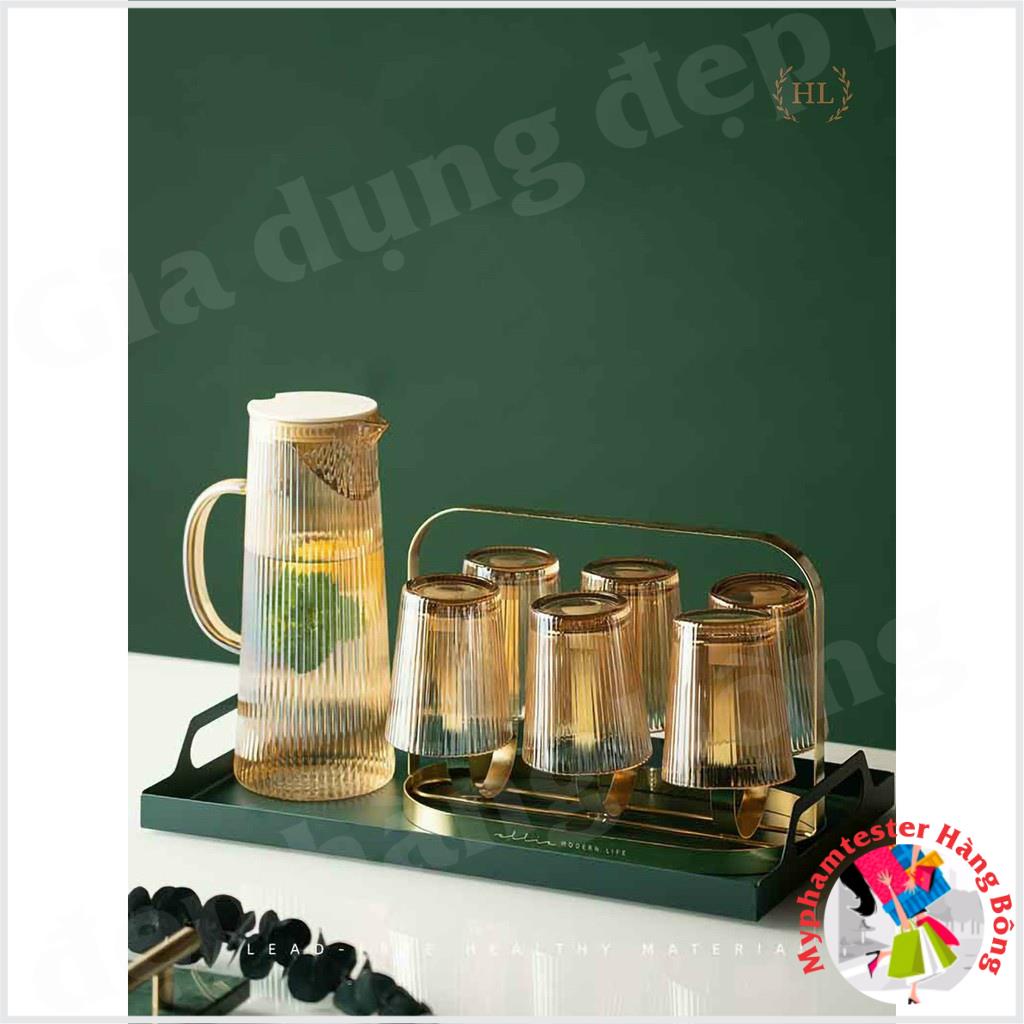 Bộ bình cốc thủy tinh màu vàng hình tháp sọc thẳng