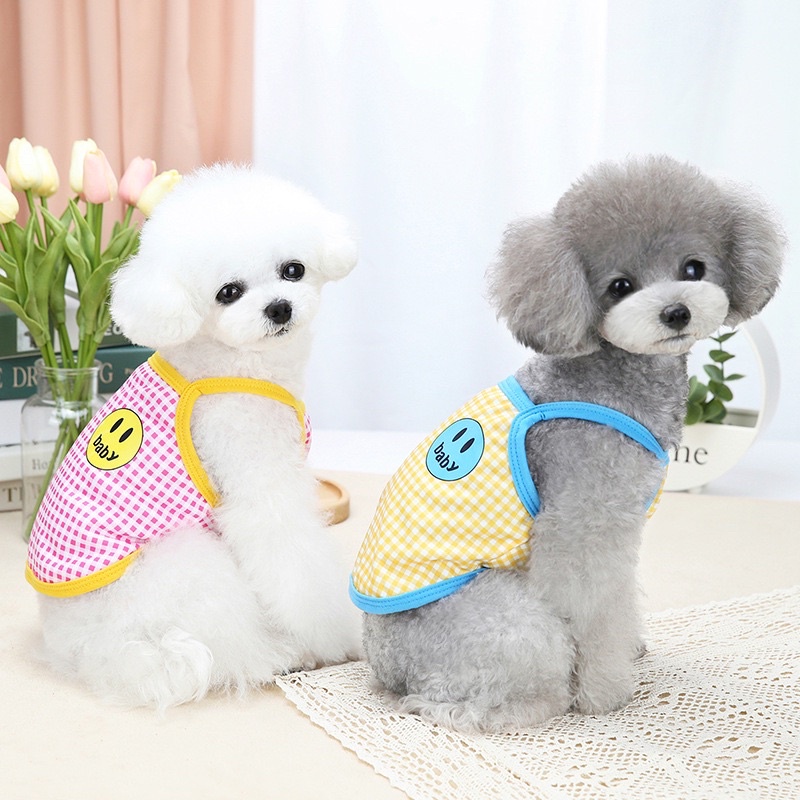 Quần áo thú cưng - Áo 2 dây caro trái tim và mặt cười cute cho chó mèo