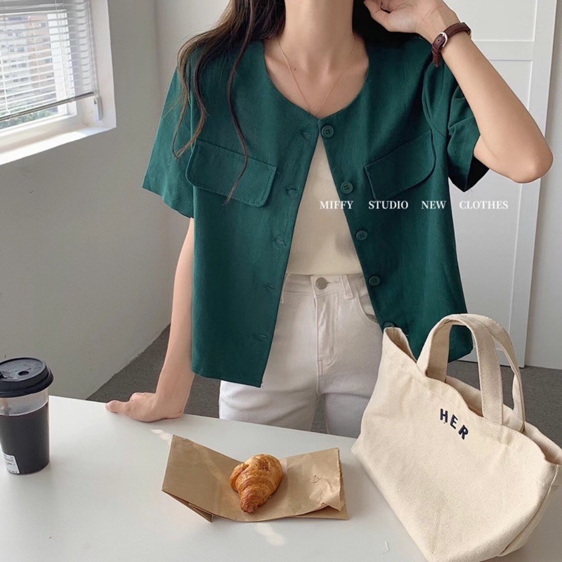 Áo kiểu linen nữ tay ngắn có túi