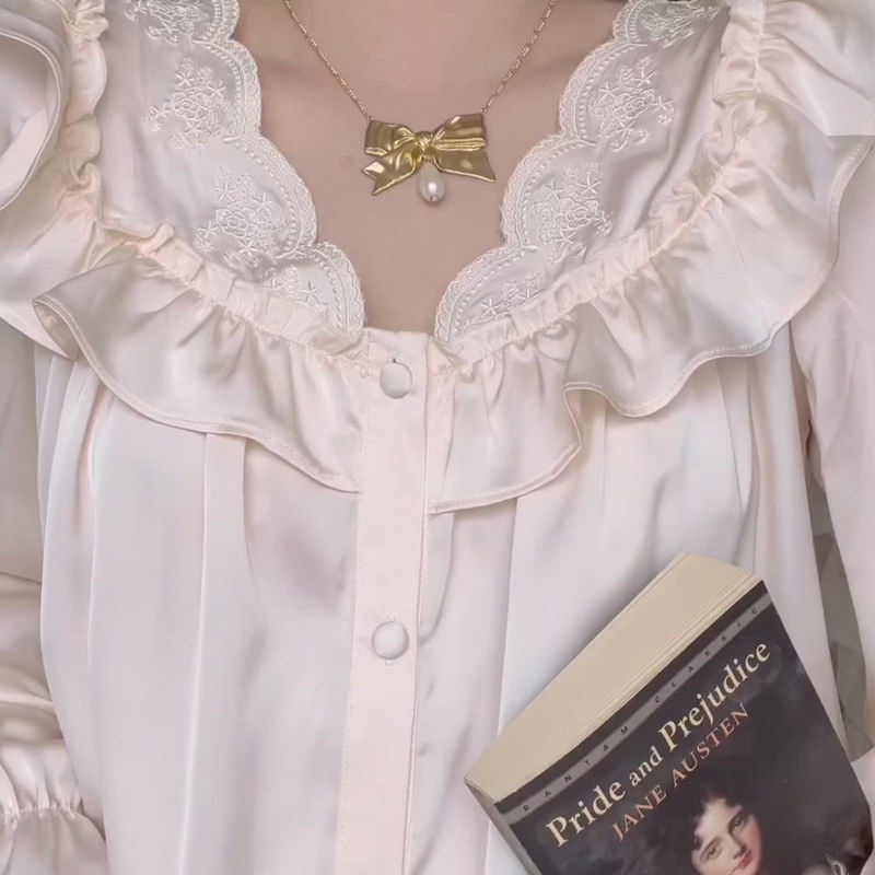 Cổ Phiếu Sẵn Sàng❣Ah F &amp; X Đầm Ngủ Công Chúa Mặc Nhà Tay Dài Vải Lụa Mềm Ngọt Ngào Thời Trang Mùa Thu Kiểu Pháp