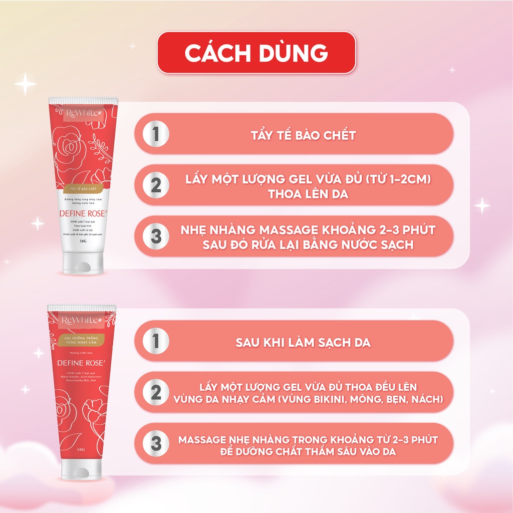 Gel tẩy tế bào chết Rewhitez dưỡng hồng vùng nhạy cảm hương nước hoa Define Rose tuýp đỏ - 50g