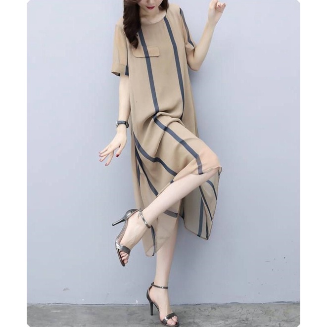 Đầm Dáng Chữ A Tay Ngắn Dáng Rộng Họa Tiết Kẻ Sọc Thời Trang Xinh Xắn Cho Nữ