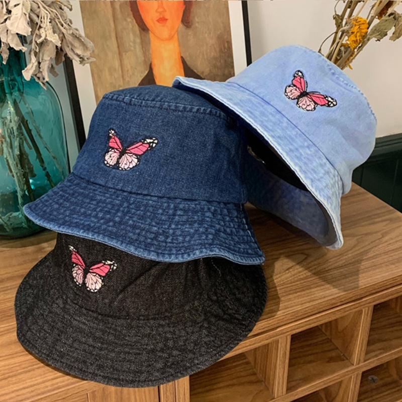 Nón Bucket Chất Liệu Denim Cotton Thêu Họa Tiết Bướm Thời Trang Unisex