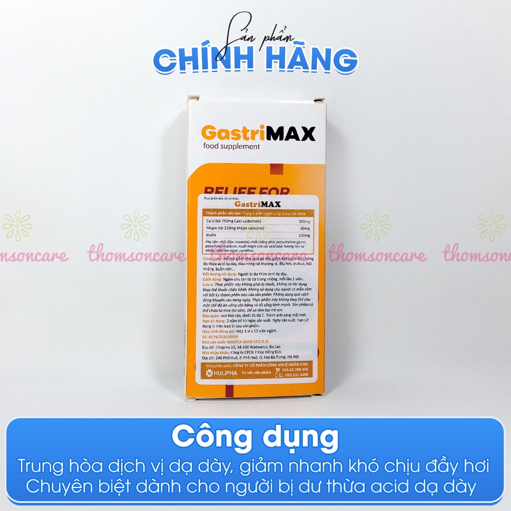 Giảm đầy hơi, ợ chua  - Viên ngậm Gastrimax giảm axit dạ dày, vị bạc hà - Hộp 12 viên