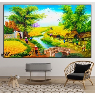 Tranh thêu chữ thập phong cảnh làng quê mn0172 mn0173 - tranh chưa thêu
