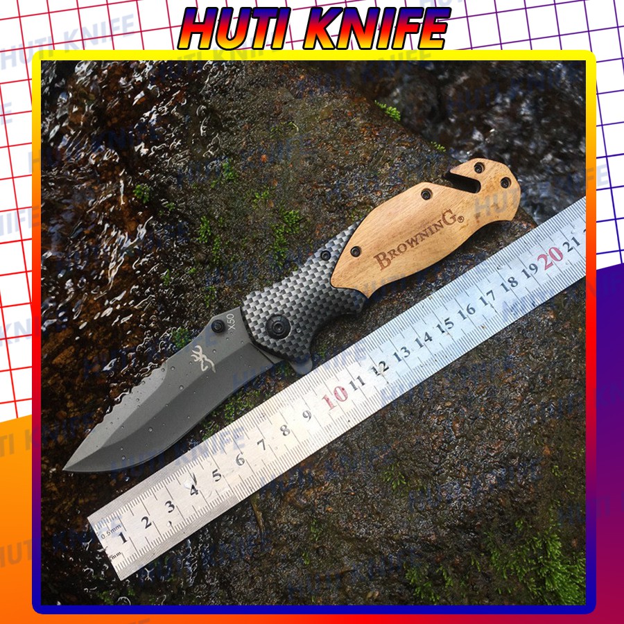 Dao phượt gấp gọn cán gỗ logo khắc laser cao cấp HUTI KNIFE Browning X50