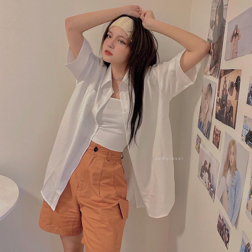Áo Sơ Mi Nữ Một Túi Vuông Sơ Mi Cổ Bẻ Tay Ngắn Dáng Rộng Unisex  Ulzzang Hàn Quốc Màu Đen 1603 Gous Official