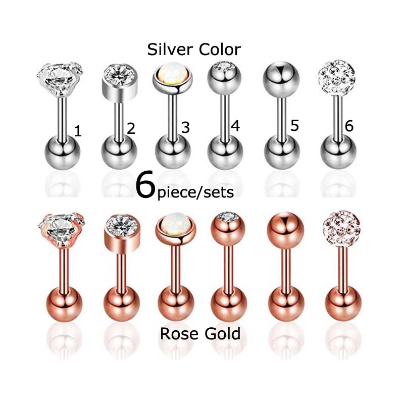 Set 6 khuyên tai dài 6mm bằng thép không gỉ thiết kế đơn giản