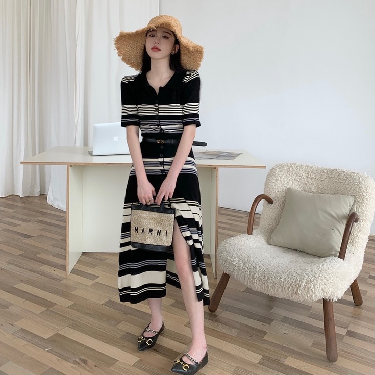 Đầm ZHELIHANGFEI dệt kim cổ polo dáng ôm họa tiết kẻ sọc ngang thời trang sang trọng dành cho nữ