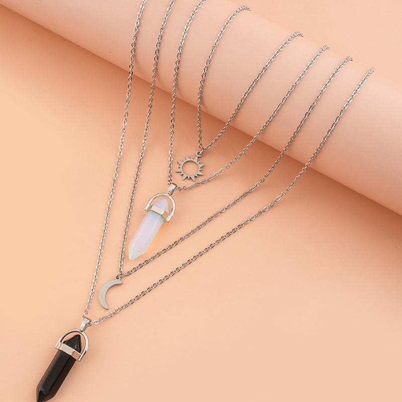 Vòng Cổ Choker Nhiều Lớp Bằng Bạc Đính Đá Pha Lê Chakra Hình Lục Giác / Mặt Trời / Mặt Trăng / Cột Lục Giác