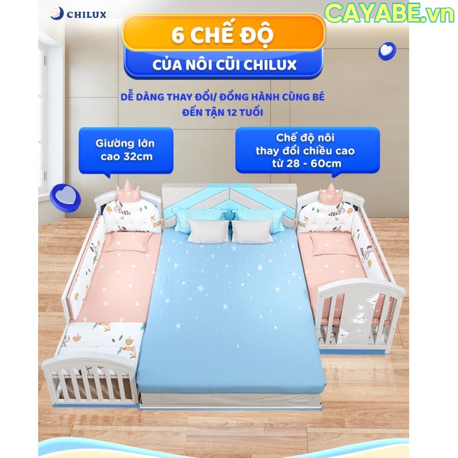 Nôi cũi gỗ cho bé đa năng CHILUX PEACE gấu con Teddy Bear 6 trong 1 màu trắng, giường cũi em bé sơ sinh gấp gọn