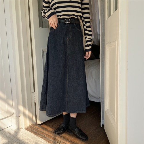 Bộ Áo Sơ Mi Kẻ Sọc + Chân Váy Denim Dài Lưng Cao Xinh Xắn Theo Phong Cách Retro Hàn Quốc | BigBuy360 - bigbuy360.vn
