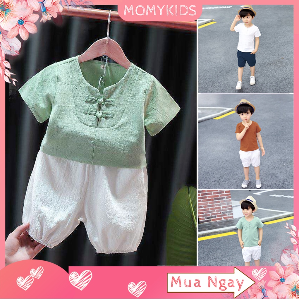 Quần áo bé trai, bộ cộc tay trẻ em chất đũi cổ tàu 2 khuy cho bé trai từ 9-30kg
