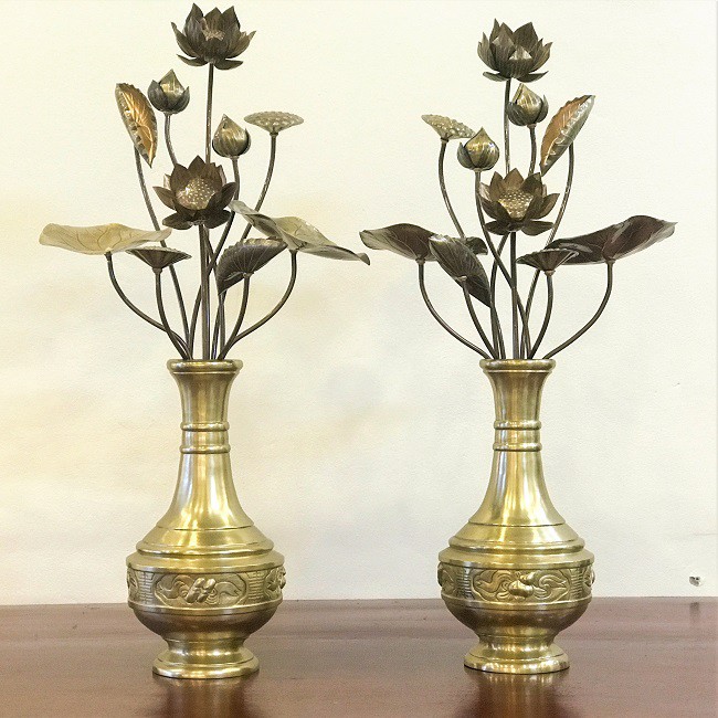 Bó Hoa Sen Đồng thờ cúng cỡ nhỏ 10 bông, cỡ to 15 bông giá tốt nhất Tặng kèm đồng xu âm dương