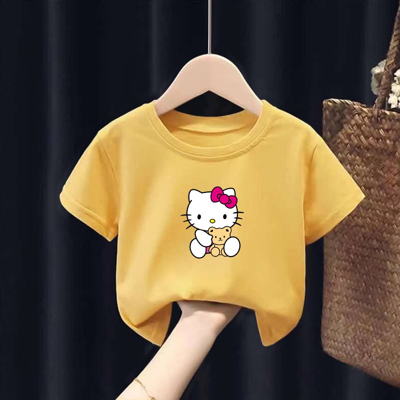 Áo cộc tay bé gái, áo thun có tay bé gái cotton Kitty ôm gấu 8-20 kg