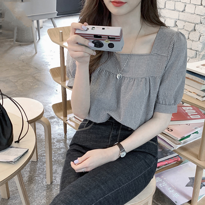 Áo kiểu tay ngắn cổ vuông họa tiết sọc caro phong cách hàn quốc dành cho nữ