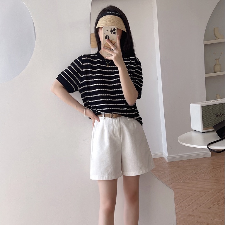 【ZHELIHANGFEI】 / Áo Thun Dệt Kim Tay Ngắn Dáng Rộng Họa Tiết Kẻ Sọc Ba Chiều