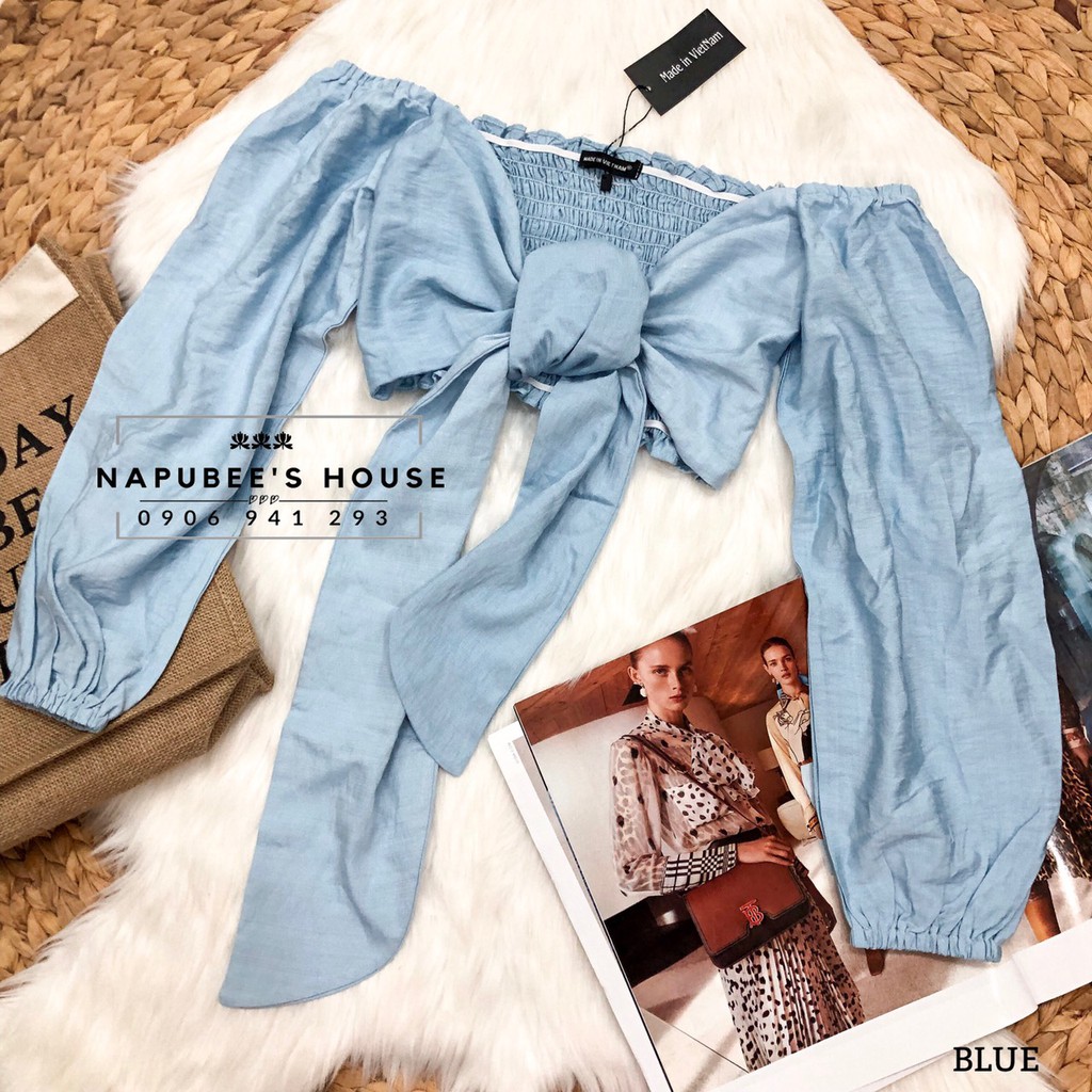 [Napubee] áo croptop cột nơ tay dài Blue top - áo croptop cột dây hàng thiết kế