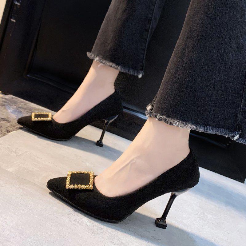 High Heels Female Pointed Toe 2020 Autumn New Korean Style Buckle Black Work Shoes Shallow Mouth Stiletto Professional S