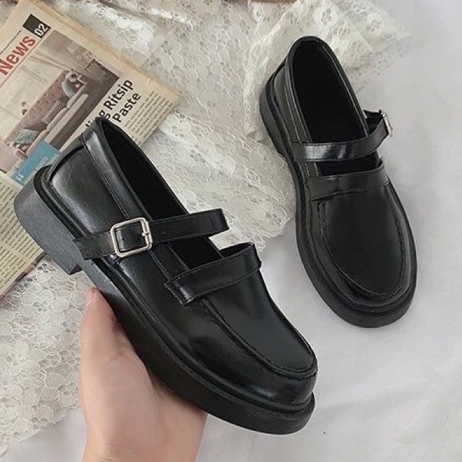 Giày ulzzang oxford vintage  da lỳ có dây vuông cho nữ phong cách hàn quốc trẻ năng động