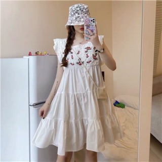 (Sẵn) Váy babydoll trắng hoa thêu ngực / Đầm bầu xoè (ảnh thật cuối)