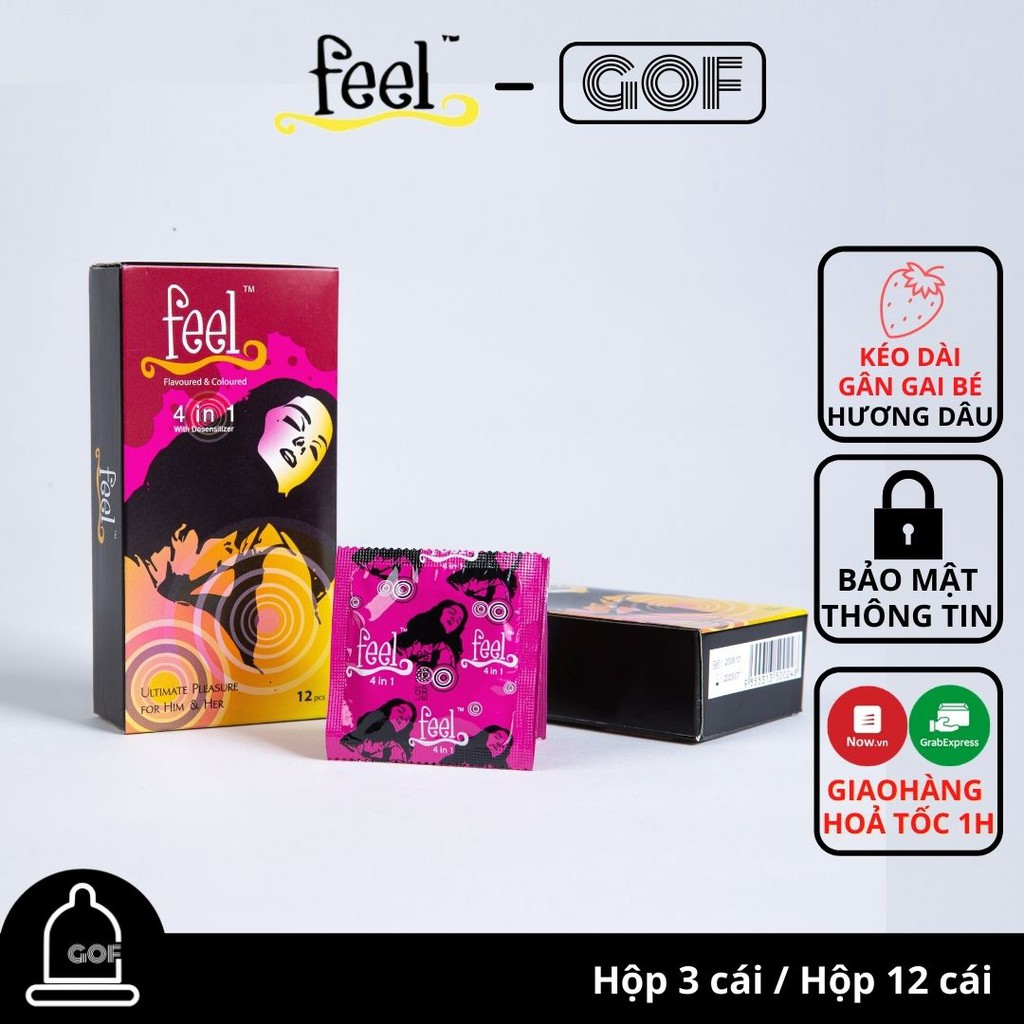 Bao cao su kéo dài thời gian Feel 4 in 1 mùi hương dâu có gai gân chống tuột– GoF