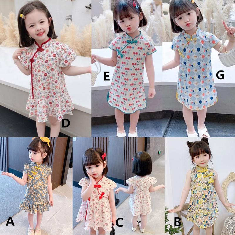 Đầm sườn xám hoạ tiết hoa phong cách Trung Hoa cho bé gái