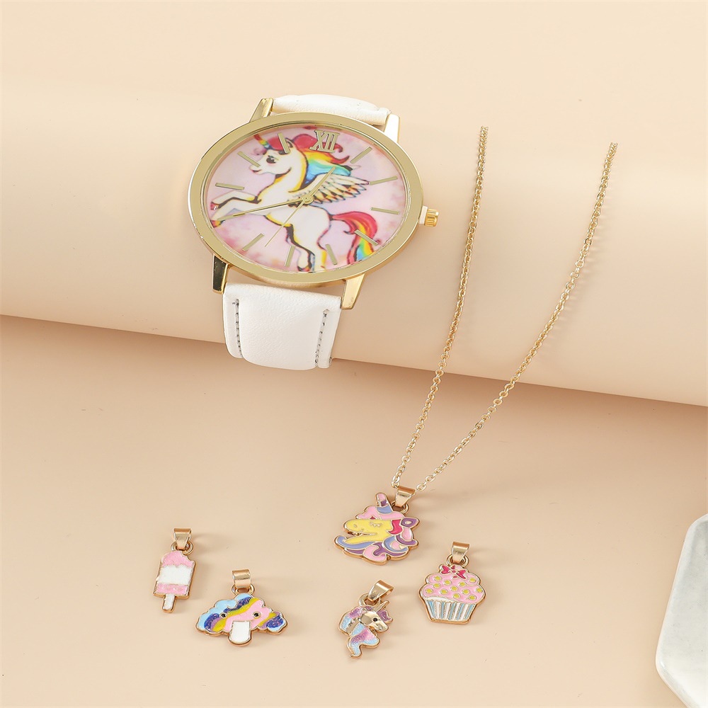 Đồng Hồ Đeo Tay Dây Da PU Hình Ngựa Pony Màu Cầu Vồng Dễ Thương Dành Cho Bé Gái