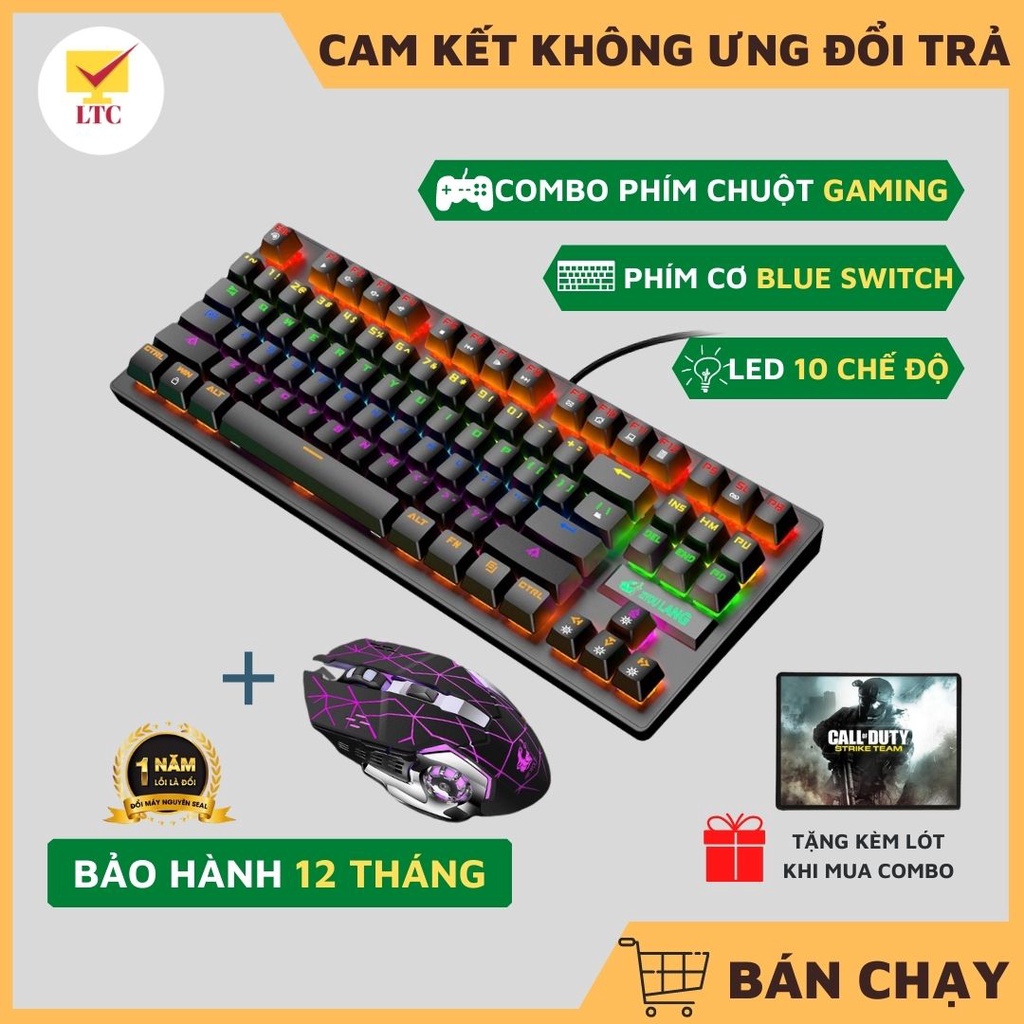 Bộ Bàn Phím Cơ Gaming K2 Và Chuột Free Wolf V5 LED 10 Chế Độ Chơi Mọi Game Liên Minh, Đột Kích, PUBG, Tặng Lót Chuột