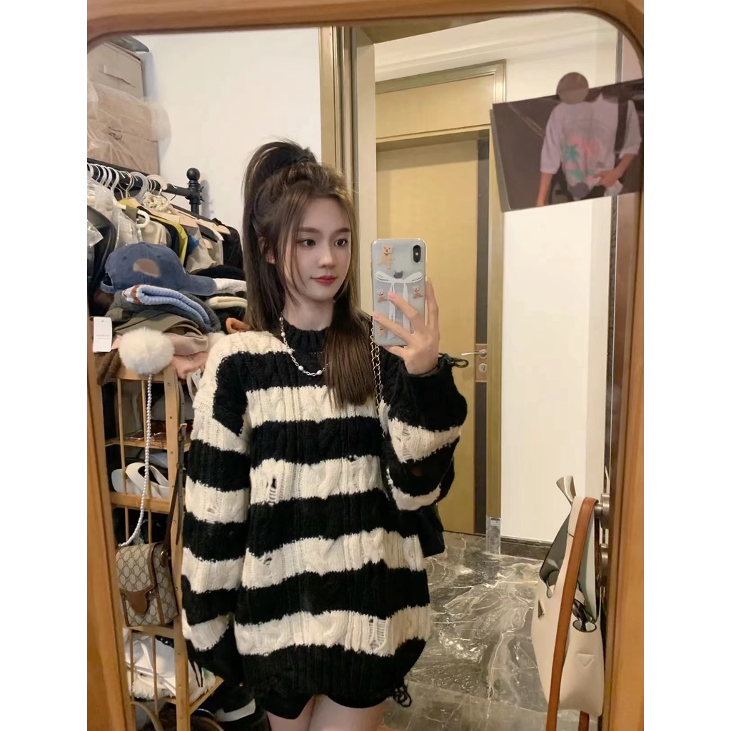 ZHELIHANGFEI Áo Len Tay Dài Form Rộng Họa Tiết Sọc Theo Phong Cách Preppy