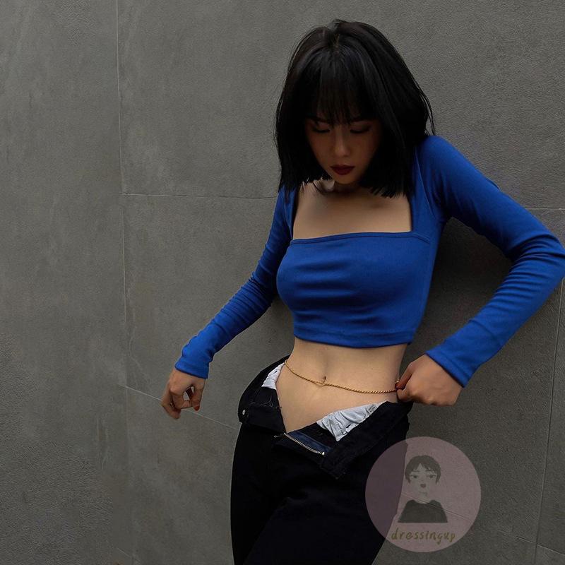 Áo Thun Tay Dài Cổ Vuông Màu Trơn Dáng Ôm Thời Trang Cho Nữ