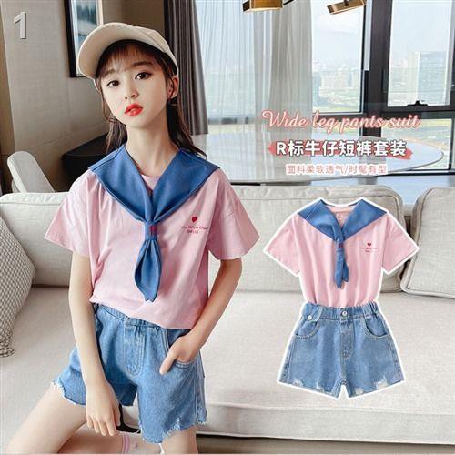 khoác bé gái◈❀Năm 2021 mùa xuân mới áo thun cổ thủy thủ quần short denim phù hợp với thời trang trẻ em hai mảnh p