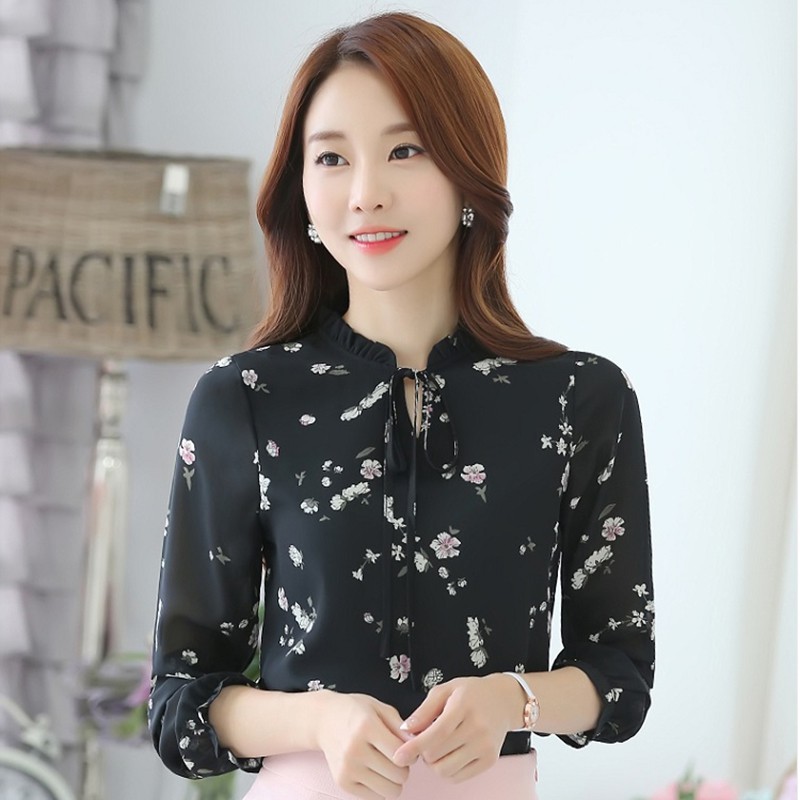 Áo Chiffon Nữ Tay Dài Họa Tiết Hoa Màu Đen