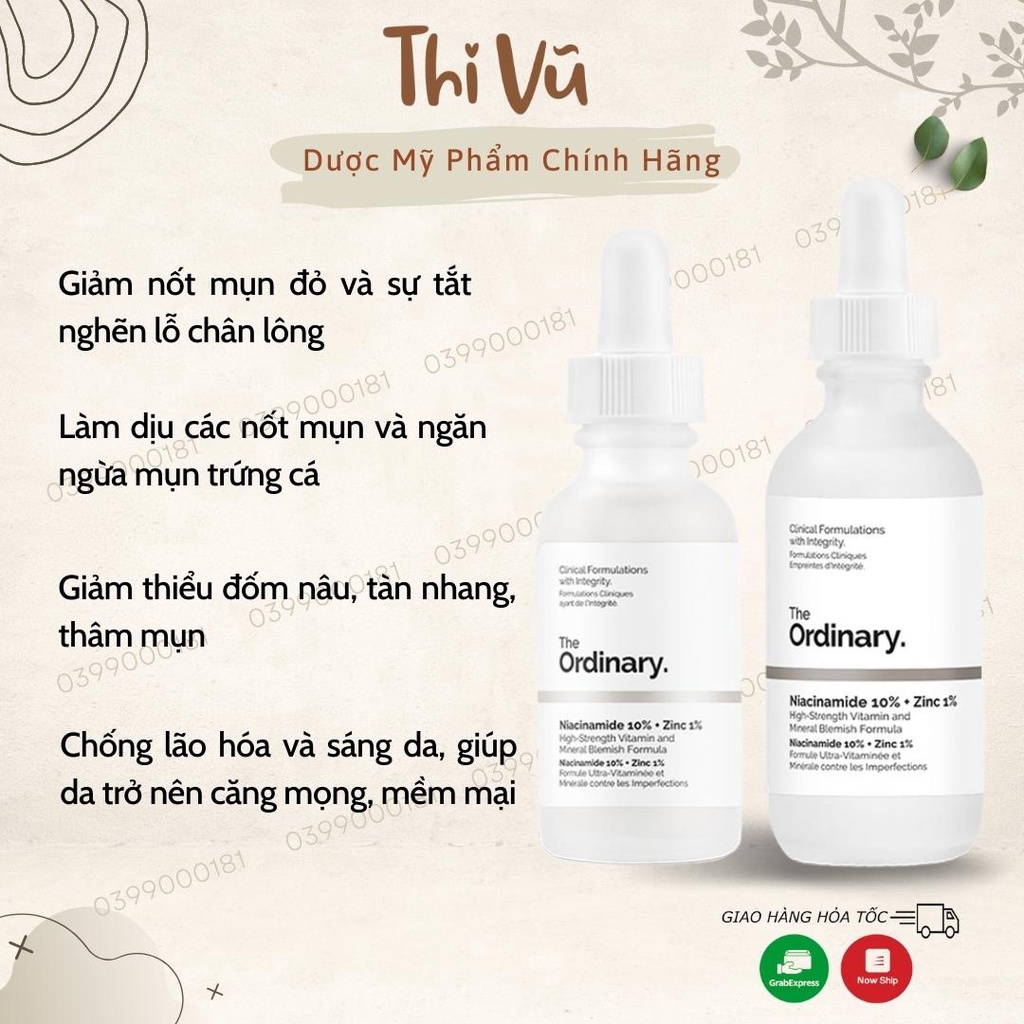 The Ordinary Niacinamide 10% + Zinc 1%, serum tinh chất giảm mụn se khít lỗ chân lông - phân phối Thi Vũ