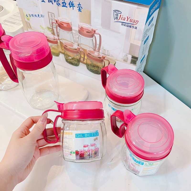 SET 5 LỌ GIA VỊ THUỶ TINH SIÊU ĐẸP NẮP HỒNG ĐẬM