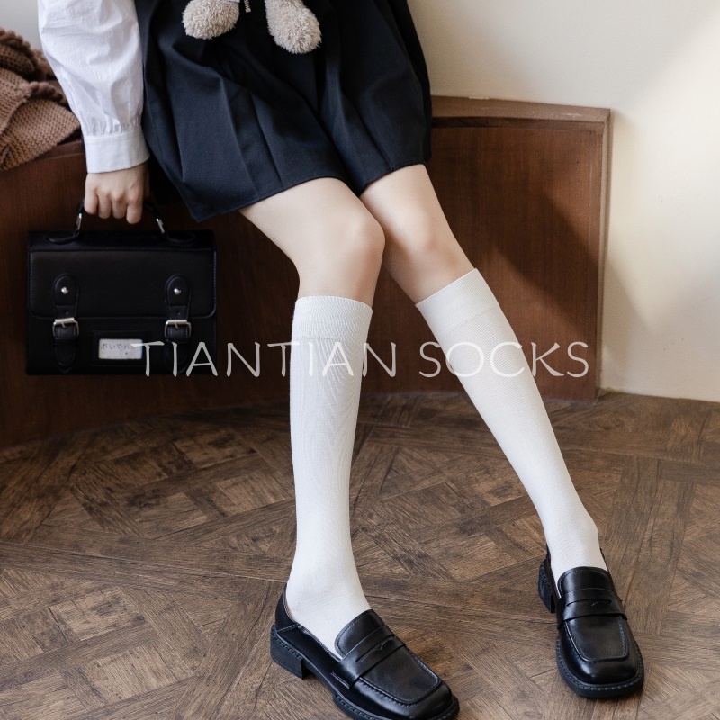 TIAN TIAN T234 Vớ Cotton Cổ Cao cổ ngắn Qua Đầu Gối Màu Trắng / Đen Thời Trang Mùa Hè Phong Cách Nhật Bản Cho Nữ