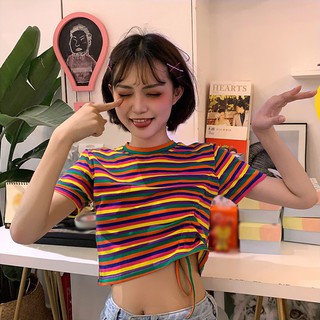 Áo Croptop tay ngắn hoạ tiết kẻ sọc màu cho phái nữ