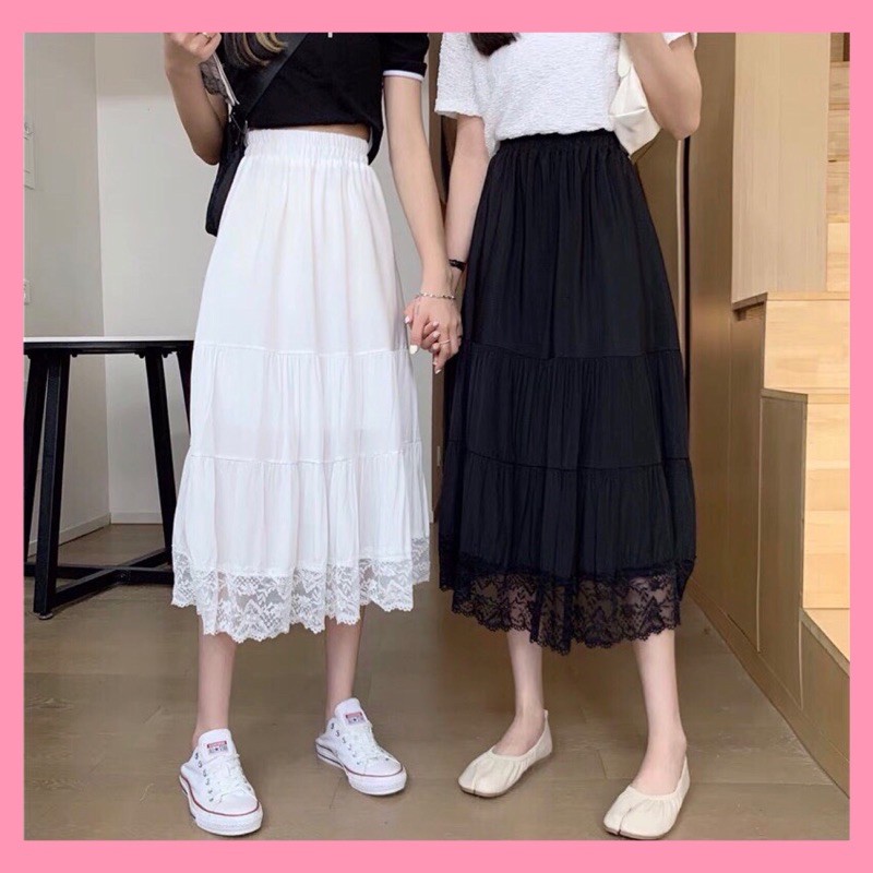 Chân Váy Nữ Viền Ren 🦋 Váy Nữ Phối Viền Dáng Dài Cạp Chun 2 Màu Vintage 🦋