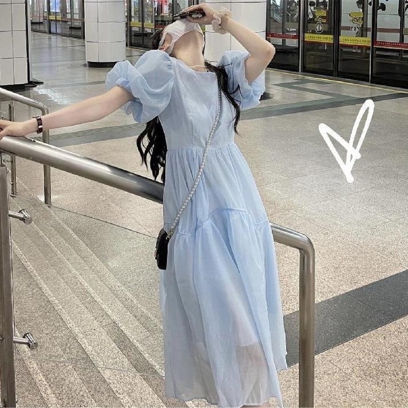 Đầm Tay Phồng Màu Xanh Dương Ngọt Ngào Phong Cách Pháp Mùa Hè Cho Nữ