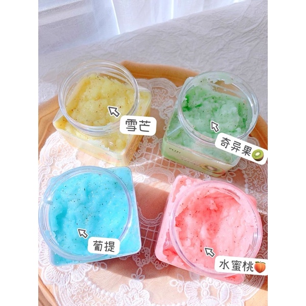 Tẩy da chết trái cây Heyxi làm sạch da dưỡng ẩm body 4 vị đào xoài việt quốc kiwi Crub Bath