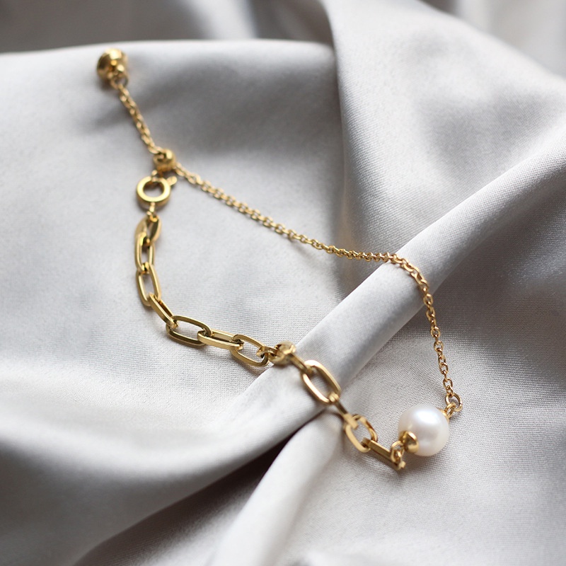 Lắc tay titan vintage xích 2 kiểu phối ngọc trai nhân tạo không gỉ WB2215