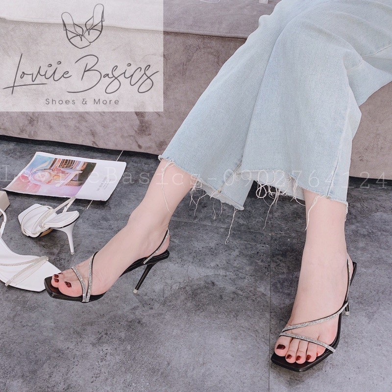 SANDAL CAO GÓT  LOVIIE BASICS - GIÀY CAO GÓT ĐÍNH ĐÁ 9 PHÂN - SANDAL GÓT NHỌN 9CM QUAI MẢNH GÓT TRONG SUỐT - G210103