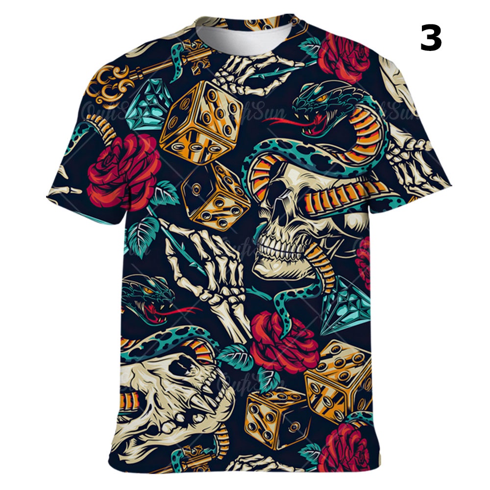 Áo nam Tay Ngắn Cổ Tròn In Hình Đầu Lâu 3D Thời Trang