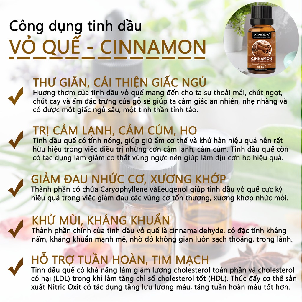 Tinh dầu Vỏ quế cao cấp VEMODA 50ML kháng khuẩn, khử mùi, tinh dầu xông phòng, giữ ấm, thơm phòng, thư giãn
