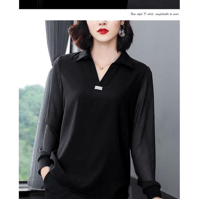 Áo kiểu tay dài cổ chữ V dáng rộng thời trang mùa thu cho phụ nữ trung niên