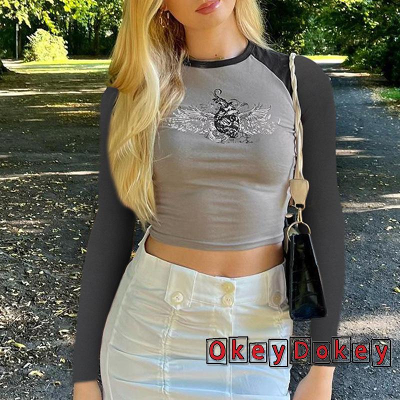 Áo Thun Crop Top In Hình Đôi Cánh Và Trái Tim y2k Thời Trang Mùa Thu Cho Nữ