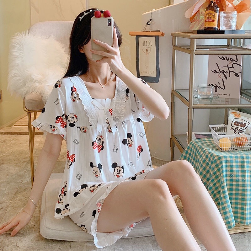 Bộ Đồ Ngủ Áo Tay Ngắn Phối Quần Short Vải cotton Kiểu Công Chúa Dễ Thương